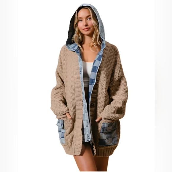 BIBI Cable Knit & Checkered Denim Zip Up Cardigan in Latte/Denim. Sz M. NWT - Picture 3 of 7